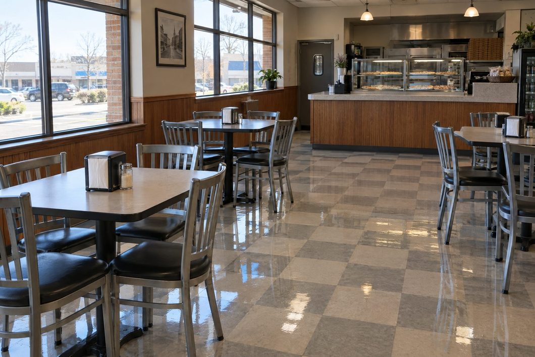 The same pizza shop floor after stripping, waxing and buffing