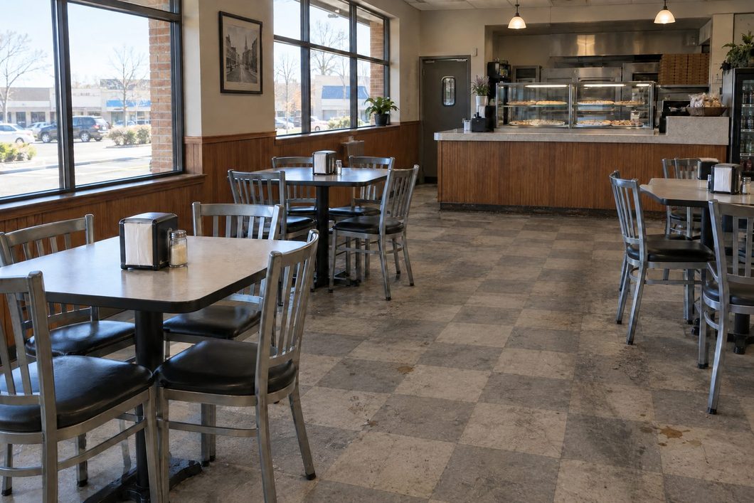 Pizza shop dining floor before cleaning, dull and scuffed