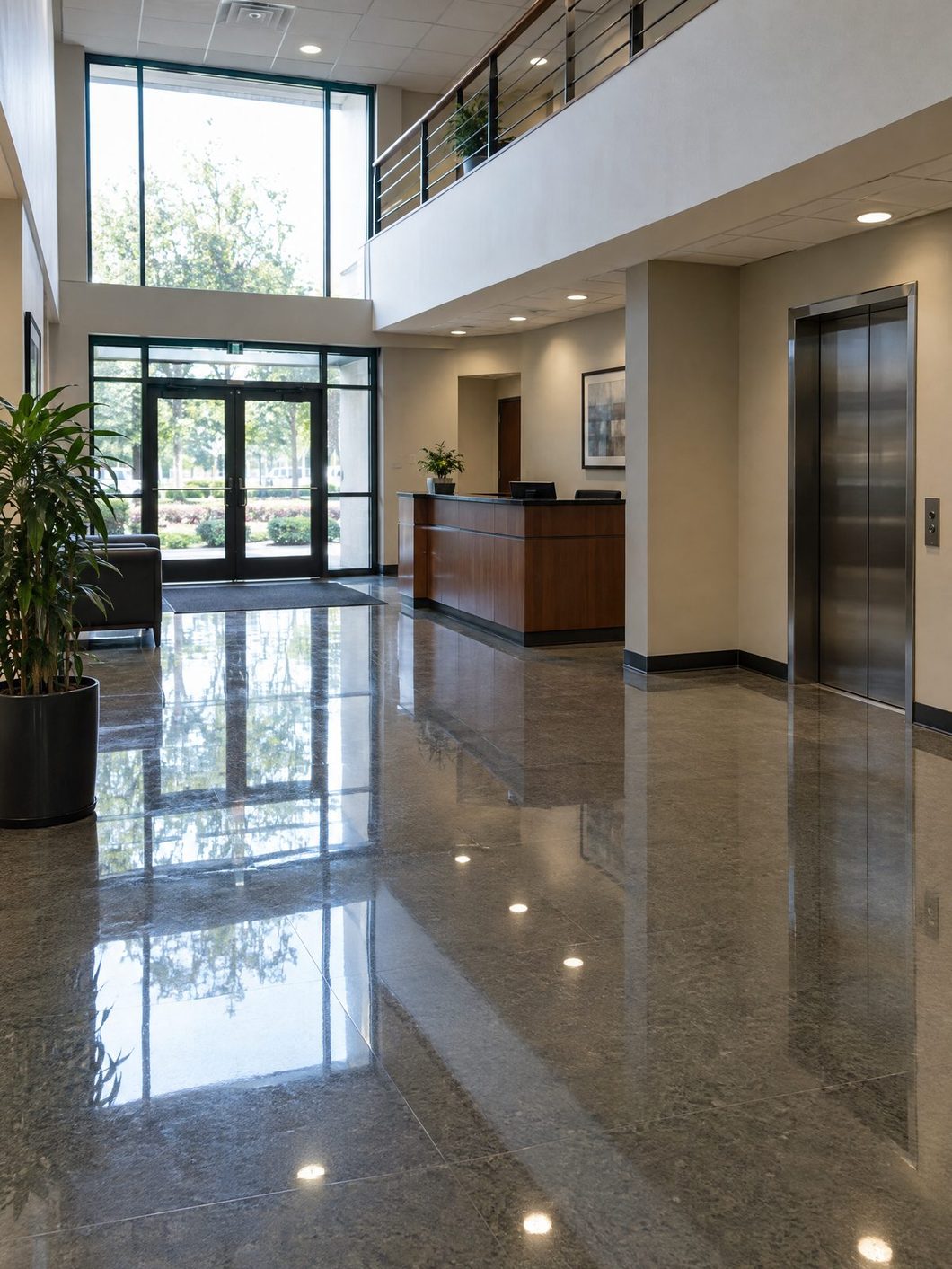 Polished lobby floor after a strip and wax
