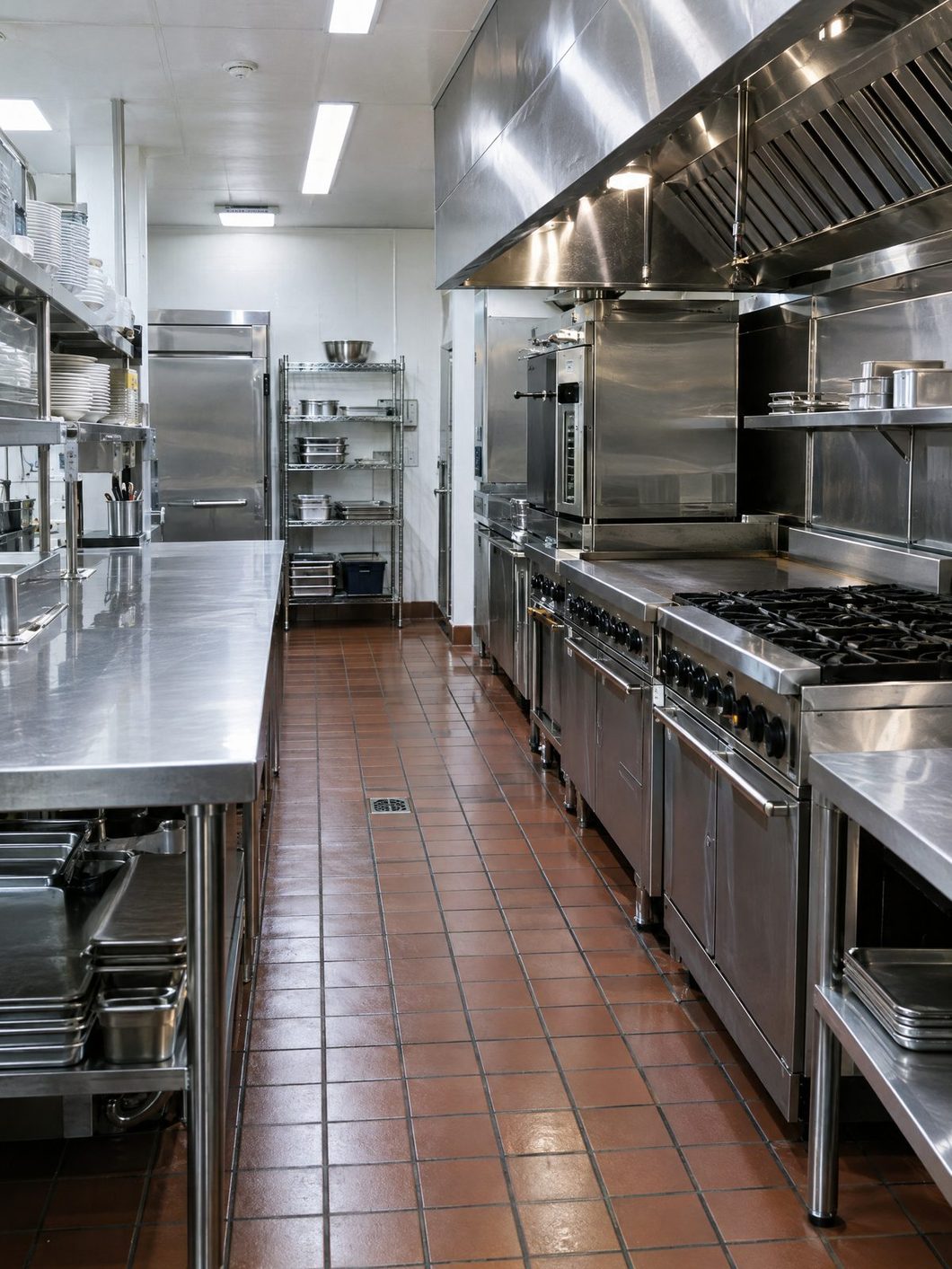 Restaurant kitchen line with gleaming stainless steel