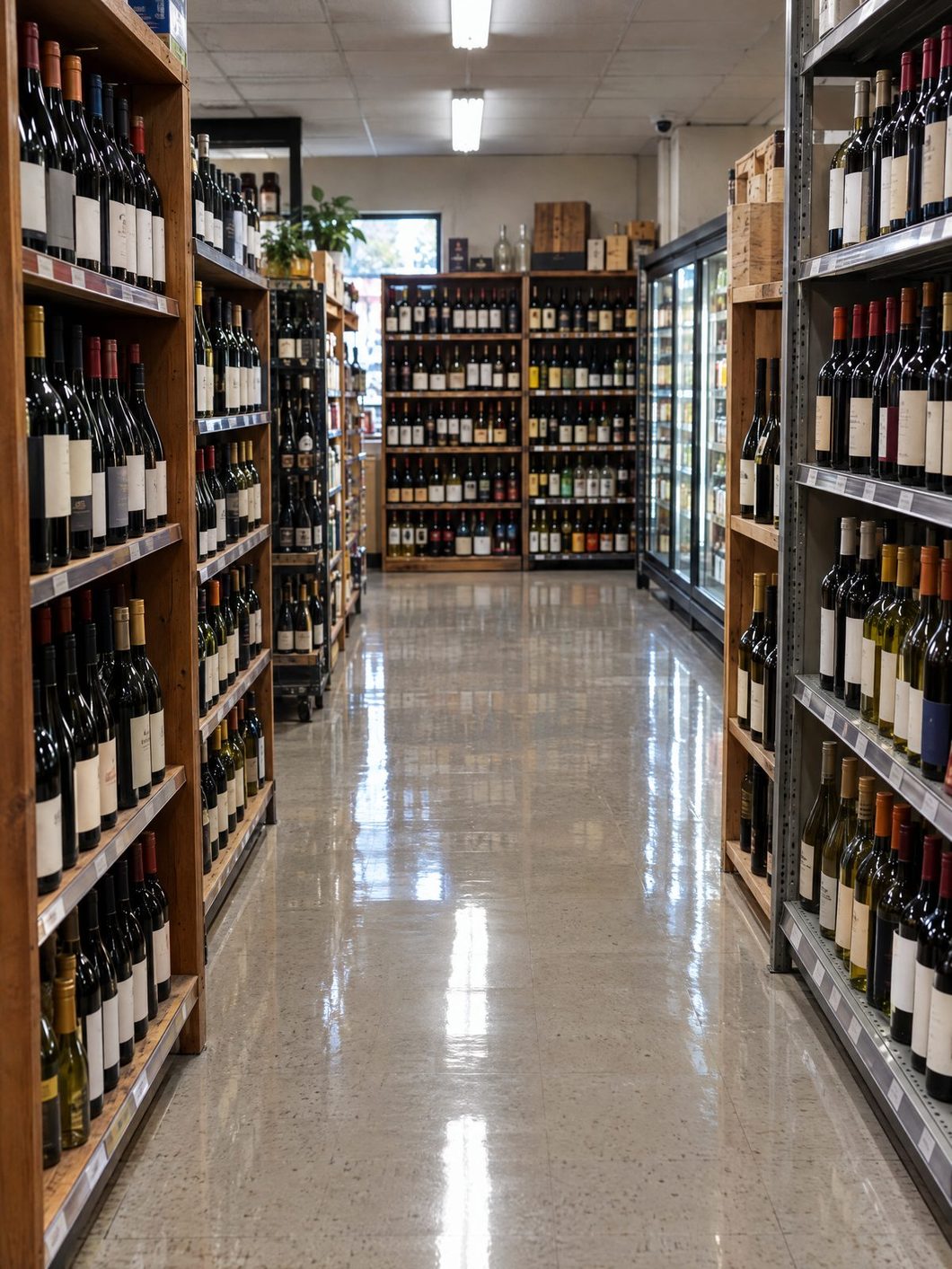 Liquor store aisle with a polished floor