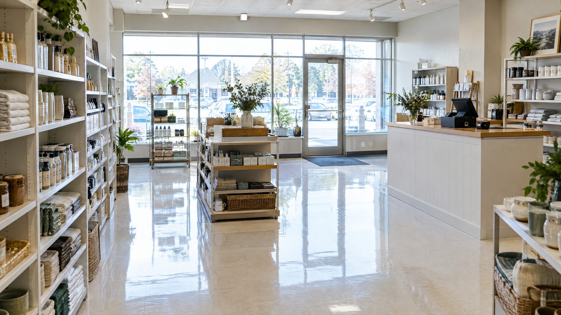 Small retail store with white shelving, a checkout counter and a polished floor reflecting daylight