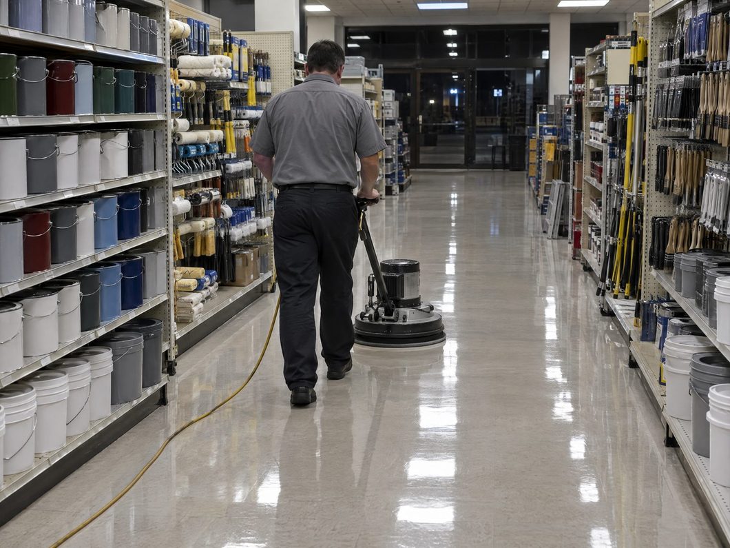 Floor technician running a burnisher on vinyl tile in a store aisle