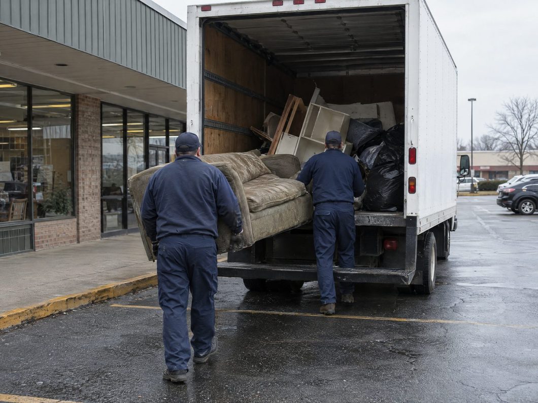 Crew loading old furniture and debris into a truck outside a storefront