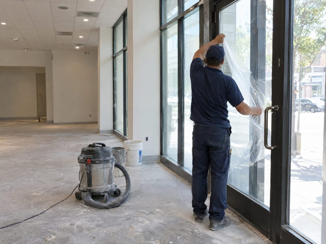 Protective film coming off the glass of a new retail unit after a fit-out