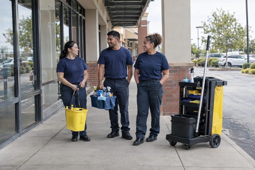 Cleaning crew in plain uniforms outside a storefront